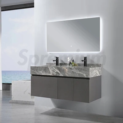 Mobile in MDF per lavabo da bagno con specchio a parete dal design moderno di colore grigio, con lavabo in lamiera di roccia e piano in marmo personalizzato